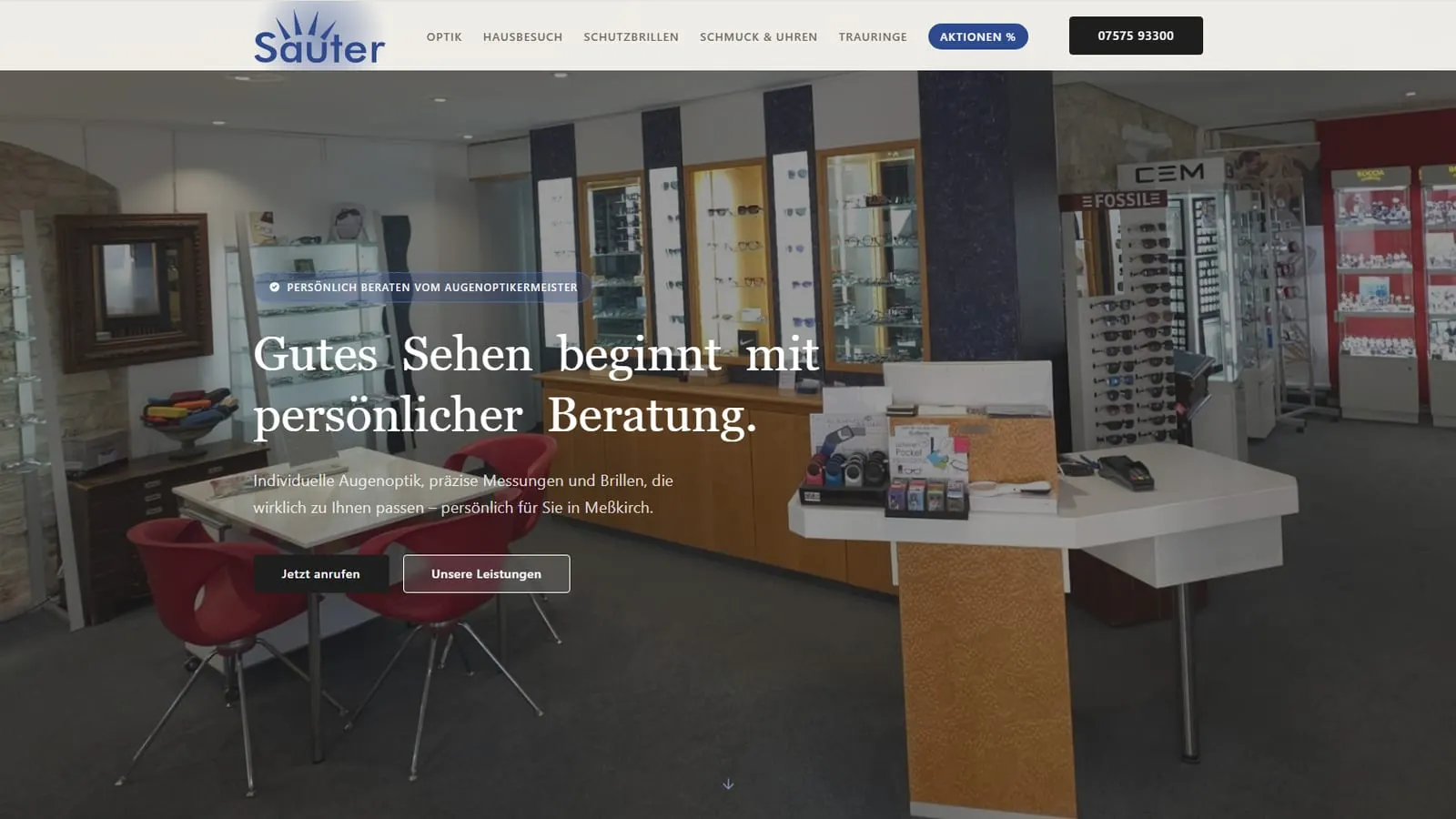 Optik Sauter – Startseite der neuen Website im Desktop-Layout